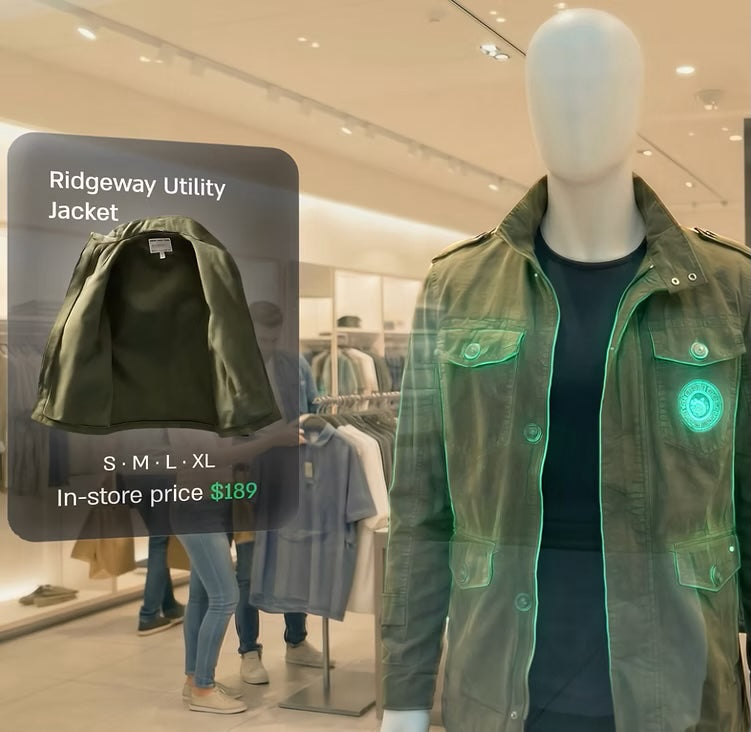 Green utility jacket on a mannequin with store interior background and AR overlay